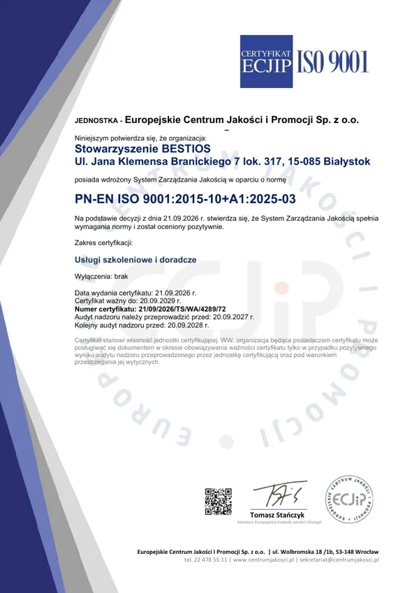 Certyfikat ISO 9001 Stowarzyszenia BESTIOS, usługi szkoleniowe i doradcze, numer 21/09/2026/TS/WA/4289/72